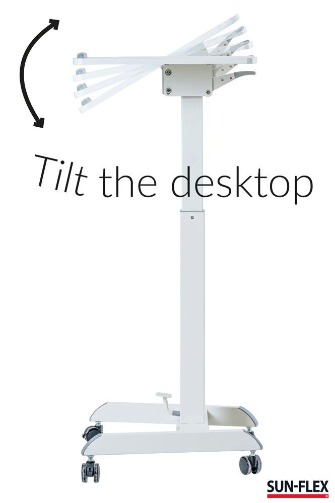 Litet kompakt skrivbord som går att justera i höjd och tilta bordsskivan.