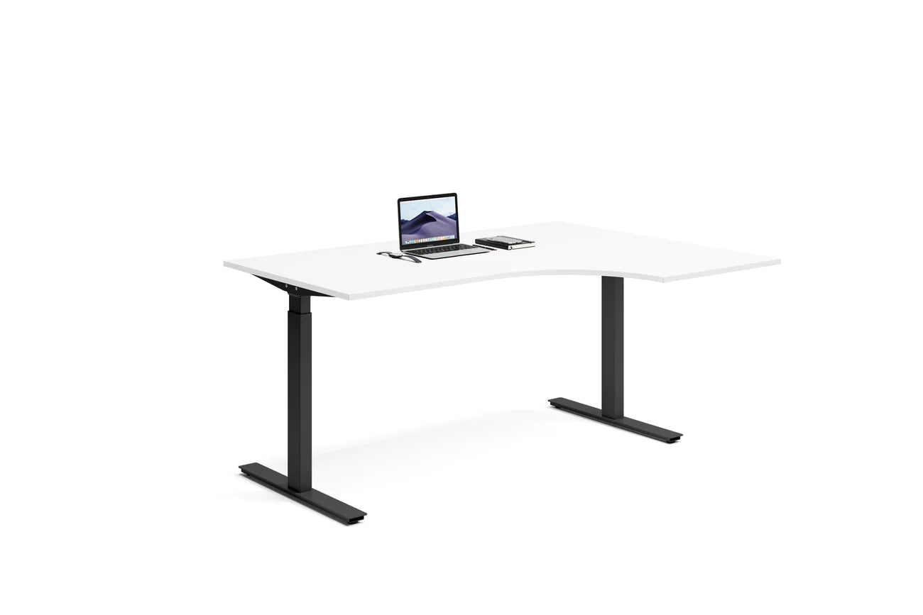 Höger hörnskrivbord med vit bordsskiva och svart stativ