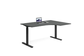 Höj och sänkbart hörnskrivbord med svart bordsskiva och svart stativ