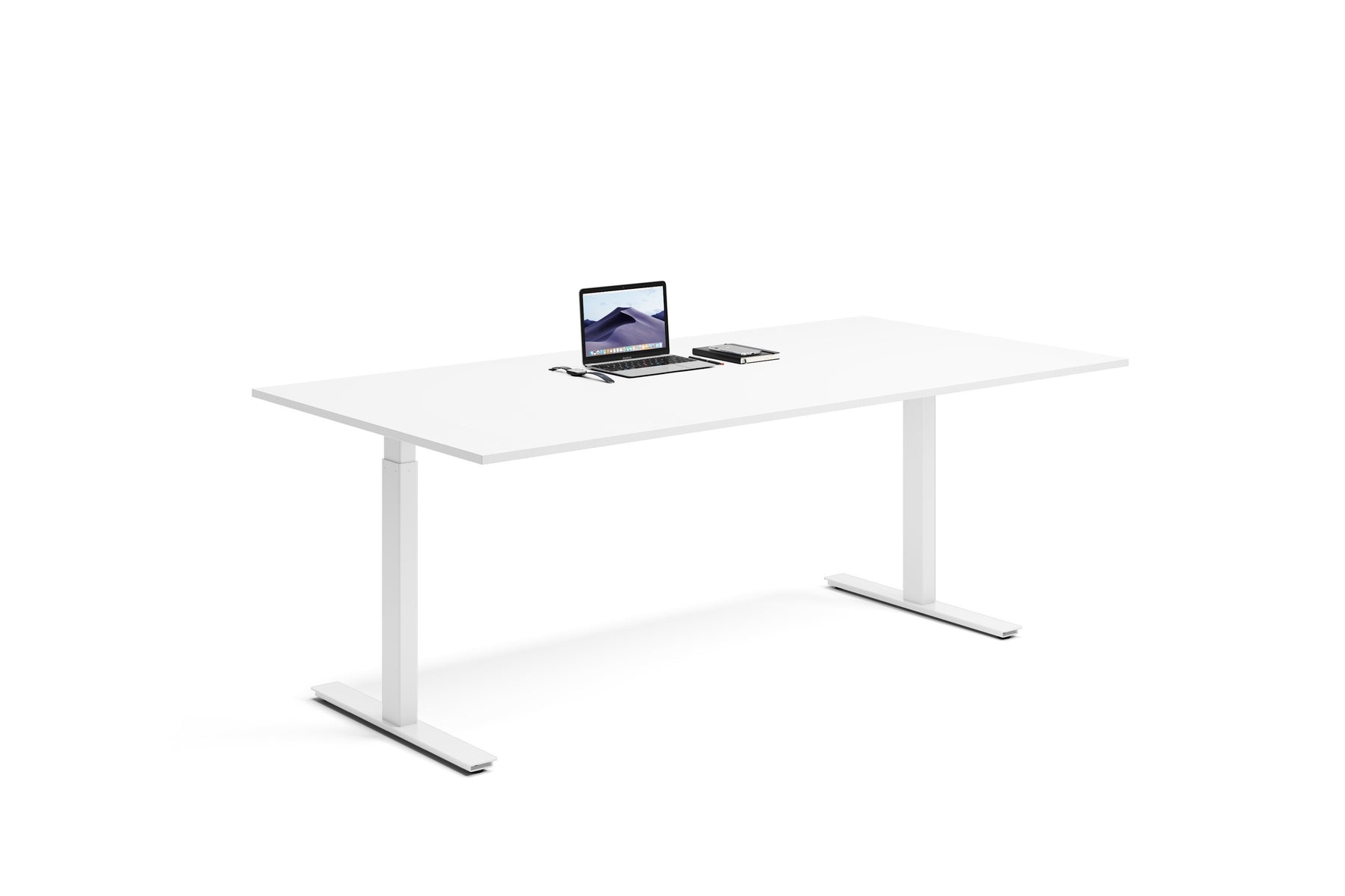 komplett justerbart skrivbord med vit skiva och vitt stativ.