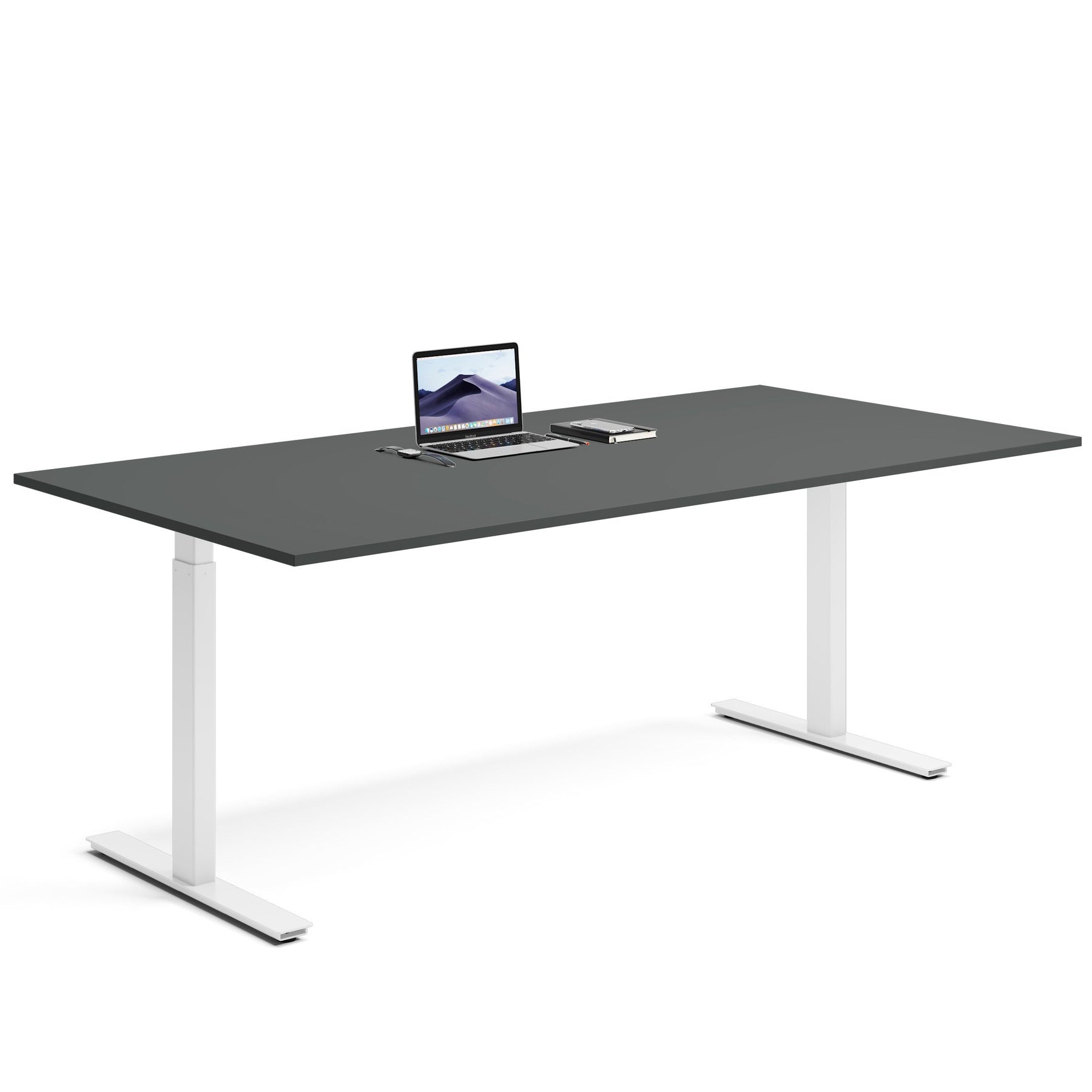 Höjbar skrivbord med svart bordskiva med elegant och modern design, perfekt för att komplettera din inredning.